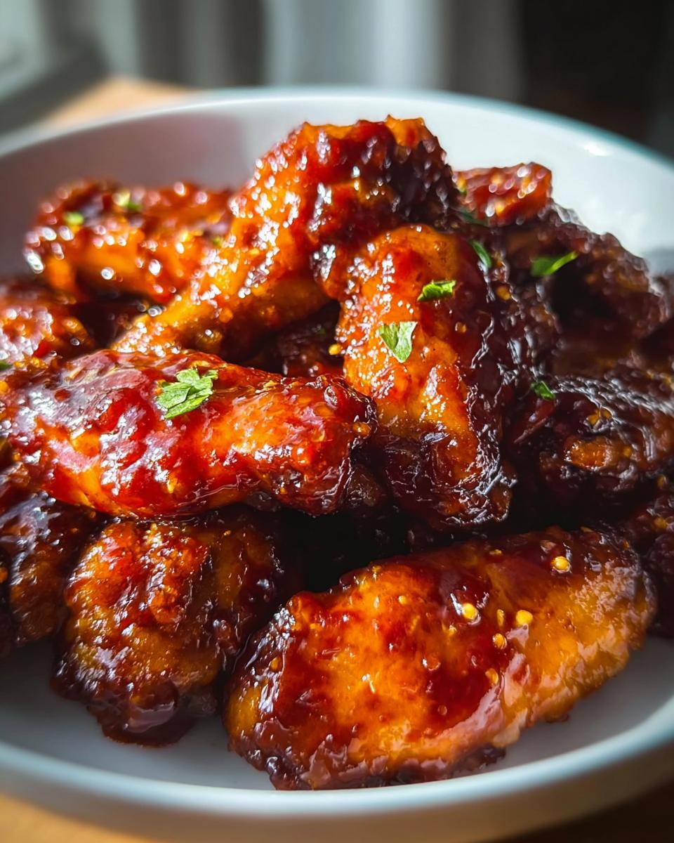 Close-up of sticky, glazed Sweet Chili Wings with a Spicy Kick, garnished with parsley.