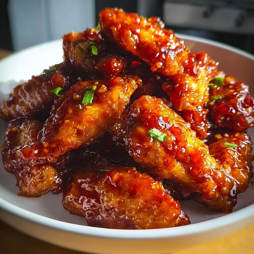 A close-up of crispy Sweet Chili Wings with a Spicy Kick, coated in a sticky, glossy sauce and garnished with green onions.