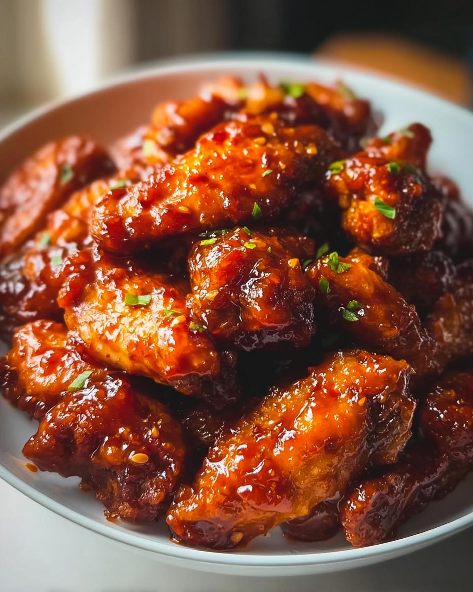 Close-up of a white bowl piled high with glossy, sticky Sweet Chili Wings with a Spicy Kick, garnished with herbs.