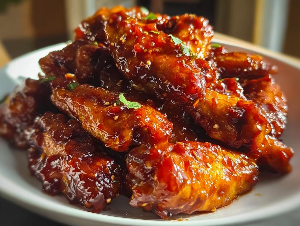 A close-up of a pile of glossy Sweet Chili Wings with a Spicy Kick, coated in a thick, dark red sauce and sprinkled with sesame seeds.