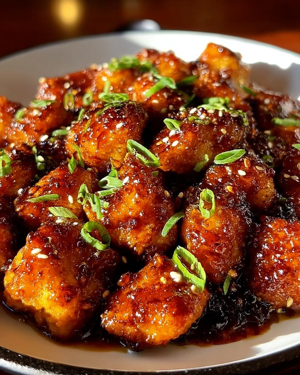 Close-up of glossy Sweet and Spicy Honey Garlic Chicken Bites garnished with sesame seeds and green onions.