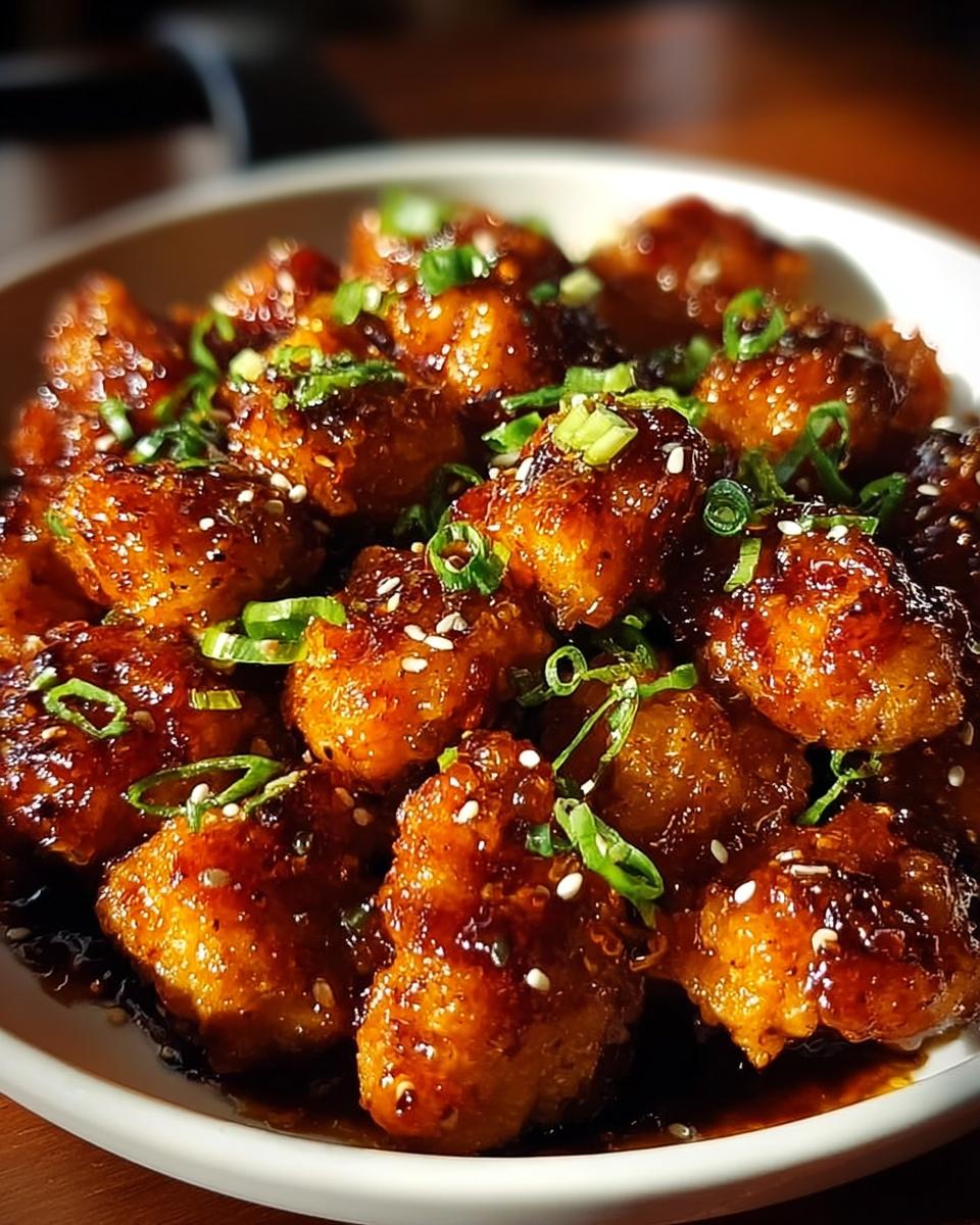 Close-up of crispy Sweet and Spicy Honey Garlic Chicken Bites coated in a dark glaze and topped with green onions and sesame seeds.