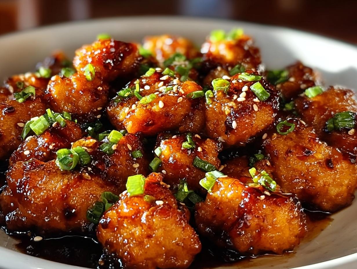 Close-up of glossy Sweet and Spicy Honey Garlic Chicken Bites coated in sauce and topped with sesame seeds and scallions.