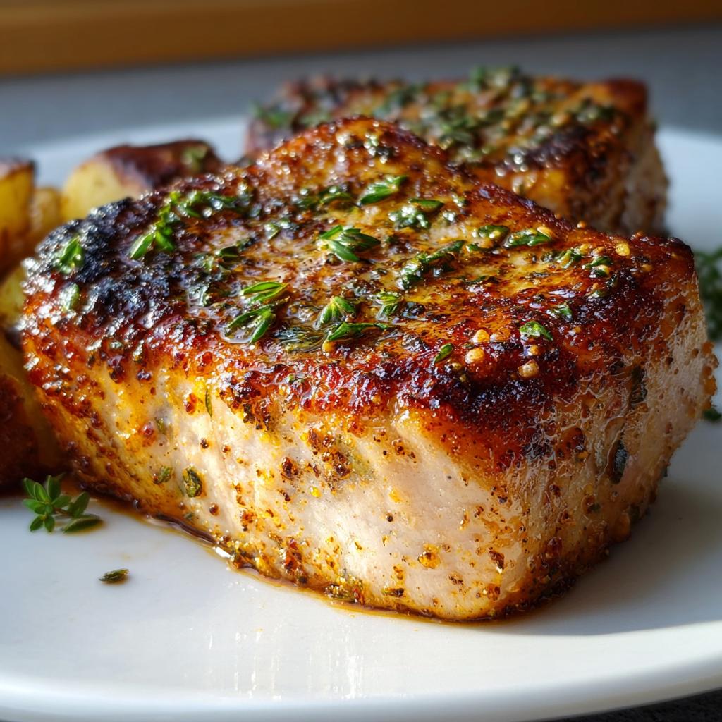Close-up of a perfectly cooked Oven Baked Pork Chop that Stay Tender, seasoned with herbs and spices.