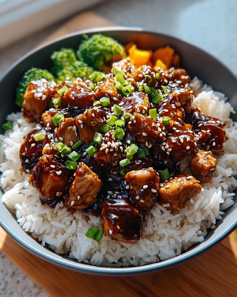 A close-up of a Teriyaki Chicken and Rice Meal Prep Bowl topped with sesame seeds and green onions.