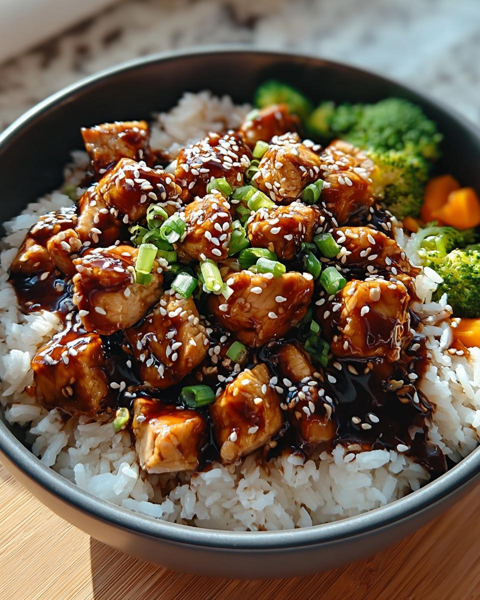 Close-up of a Teriyaki Chicken and Rice Meal Prep Bowl topped with sesame seeds and green onions.