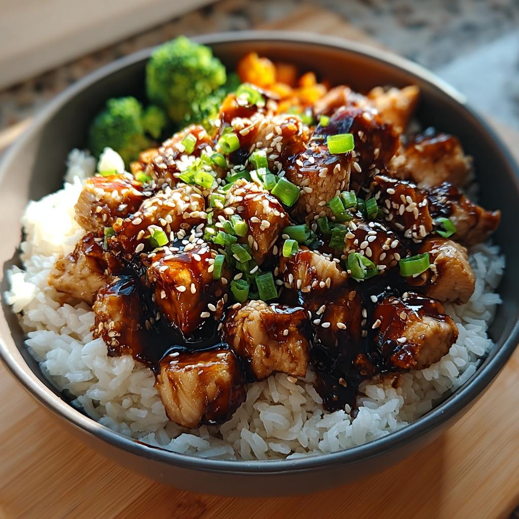 A close-up of a Teriyaki Chicken and Rice Meal Prep Bowl topped with sesame seeds and green onions.