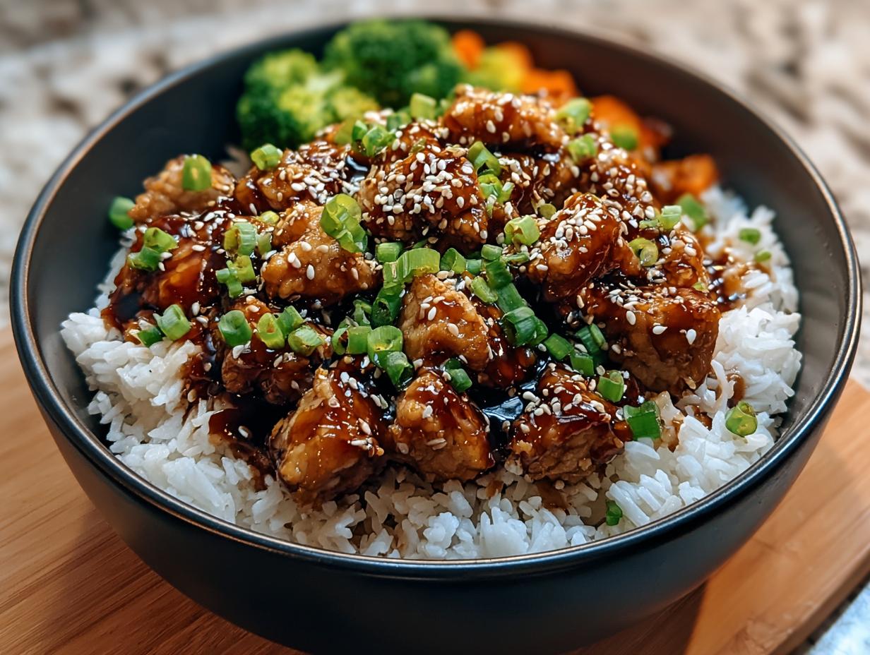 Close-up of a Teriyaki Chicken and Rice Meal Prep Bowl topped with sesame seeds and green onions.