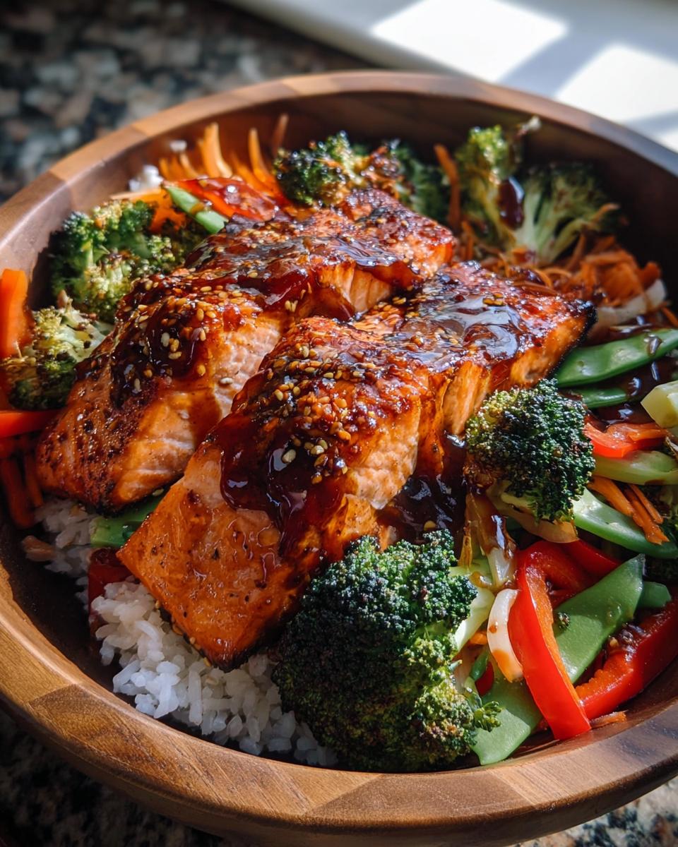Close-up of Teriyaki Salmon Bowls with Fresh Crunch featuring glazed salmon over rice and bright vegetables.