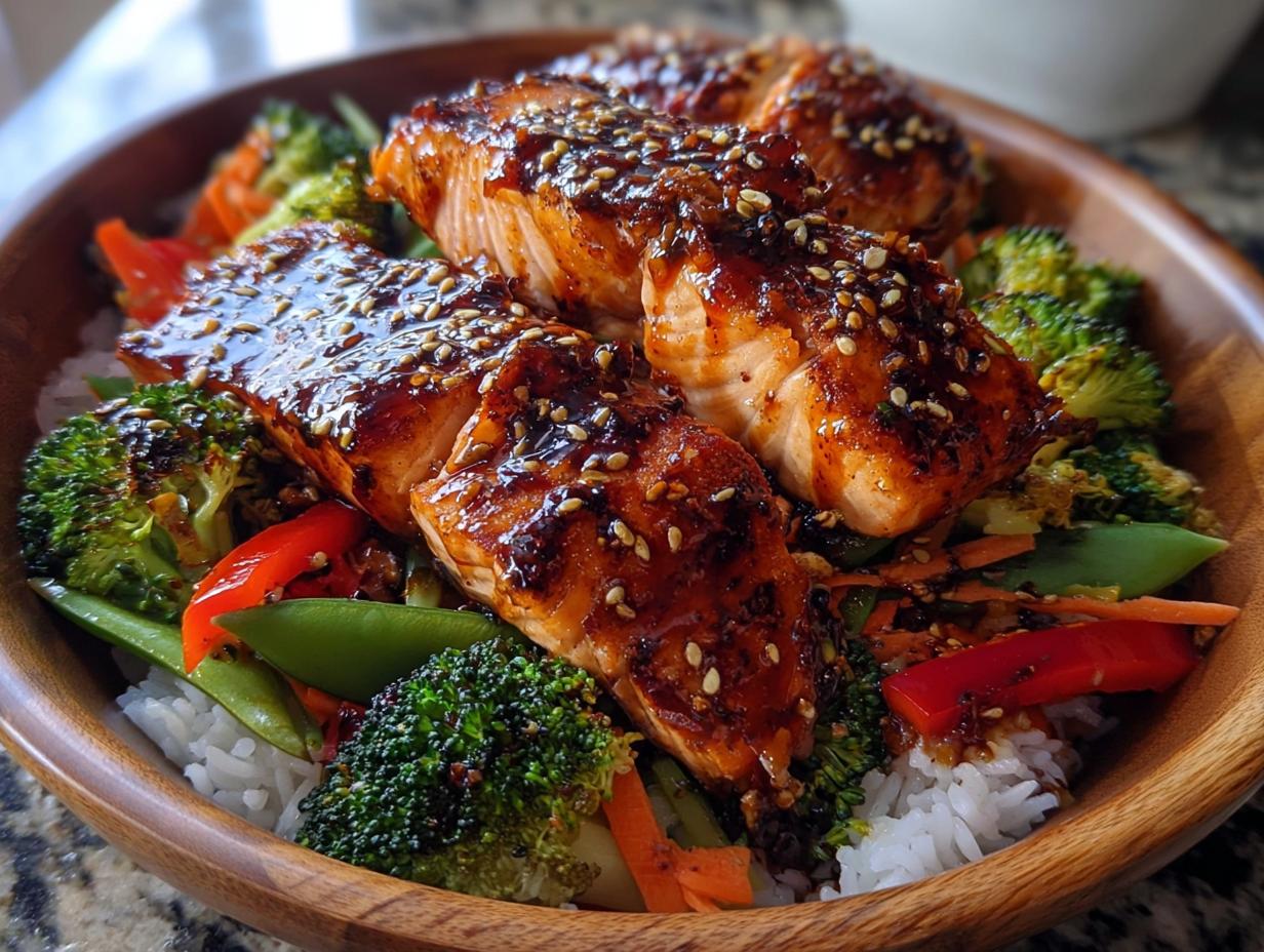 Close-up of Teriyaki Salmon Bowls featuring glazed salmon fillets over rice and crisp vegetables.