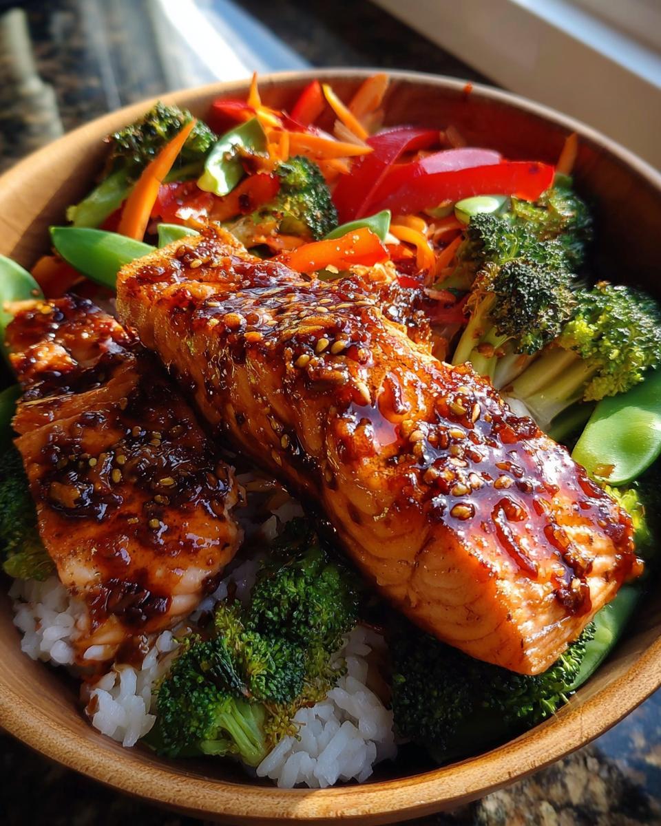 Close-up of a Teriyaki Salmon Bowl featuring glazed salmon over rice and crisp vegetables.