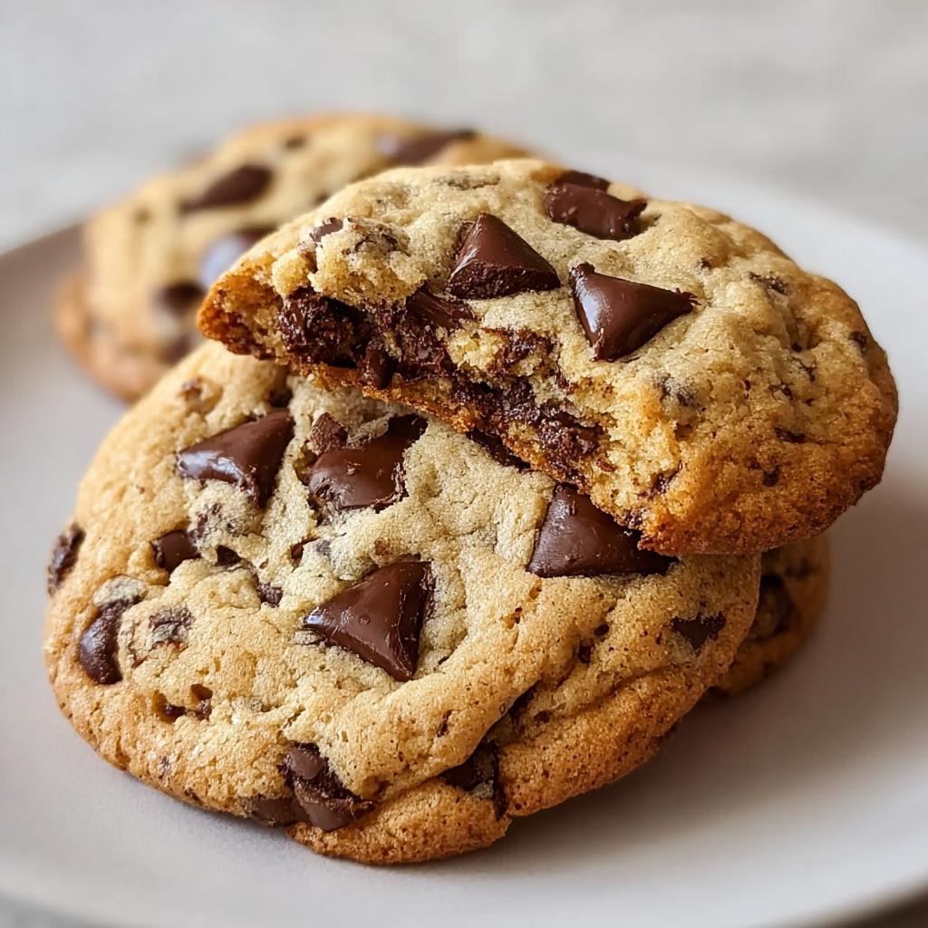 Close-up of Thick Chocolate Chip Cookies with Gooey Centers, one broken open to show the melted chocolate.