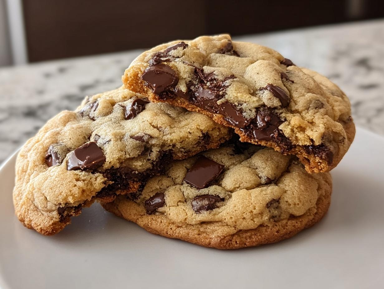 Two thick chocolate chip cookies stacked, with the top one broken to show the gooey, melted chocolate centers.
