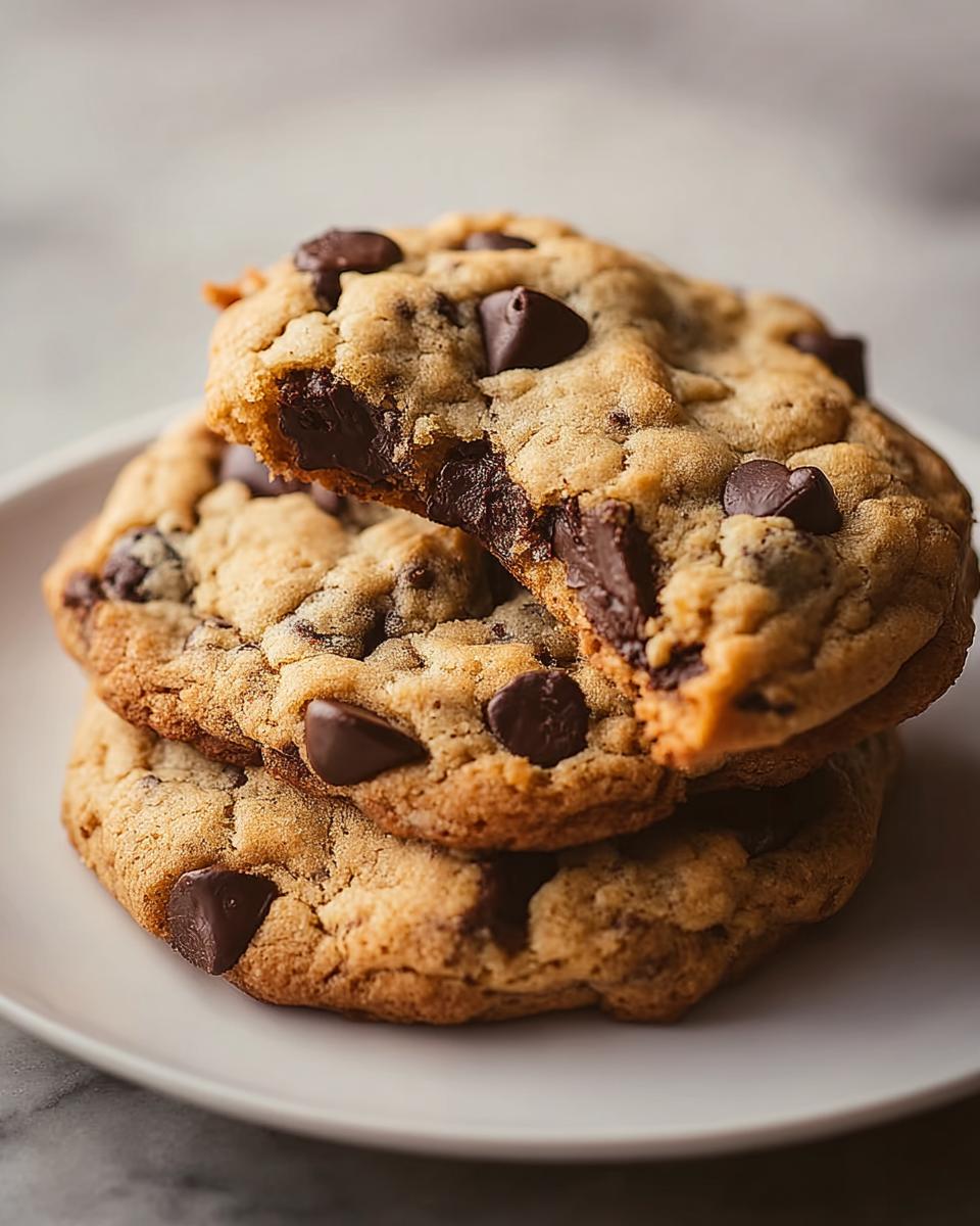 A stack of three Thick Chocolate Chip Cookies with Gooey Centers, one broken open to show the melted chocolate.