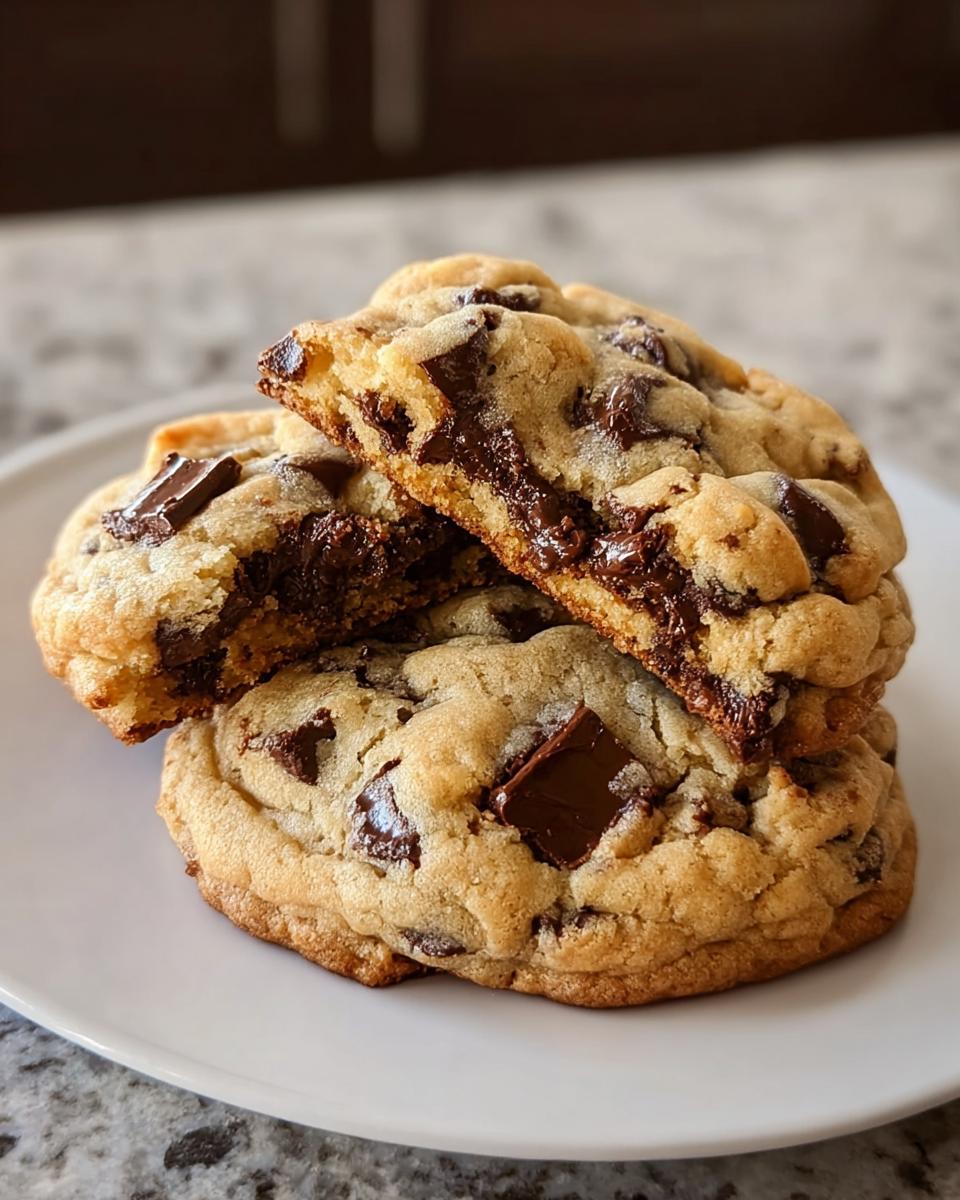 A stack of thick chocolate chip cookies with gooey centers, one broken open to show the melted chocolate.