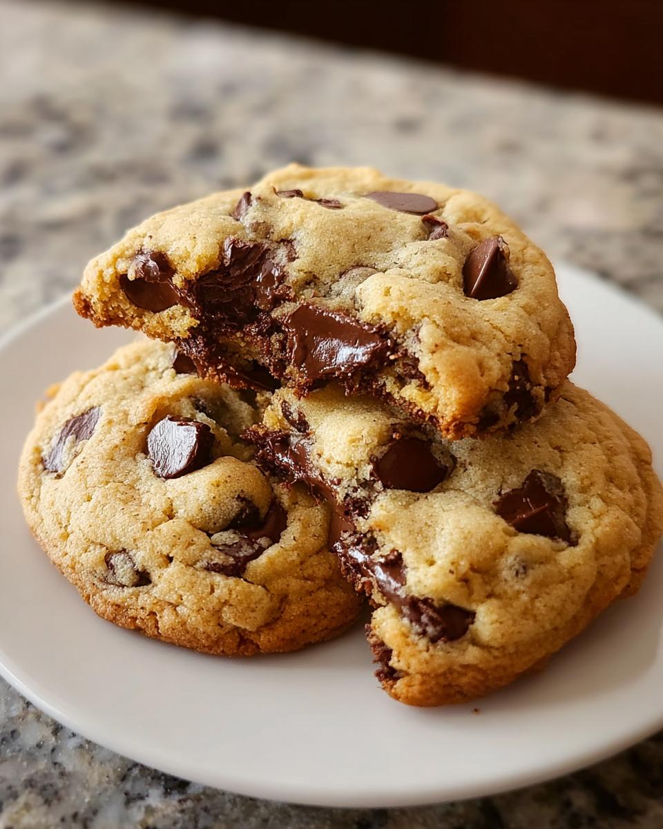 Two Thick Chocolate Chip Cookies with Gooey Centers stacked, one broken open revealing melted chocolate.