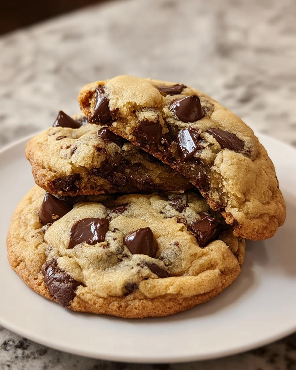 Two Thick Chocolate Chip Cookies with Gooey Centers stacked, one broken open revealing melted chocolate.