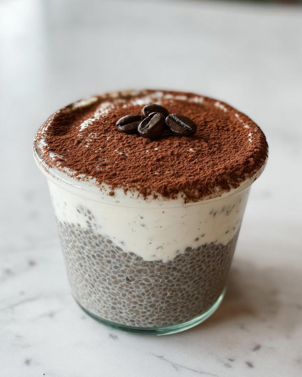 A glass jar filled with layered Tiramisu Chia Pudding, topped with cocoa powder and coffee beans.
