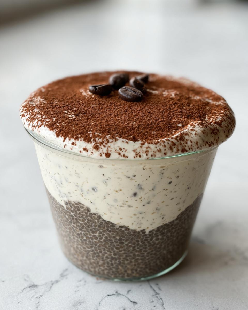 Close-up of layered Tiramisu Chia Pudding topped with cream, cocoa powder, and coffee beans.