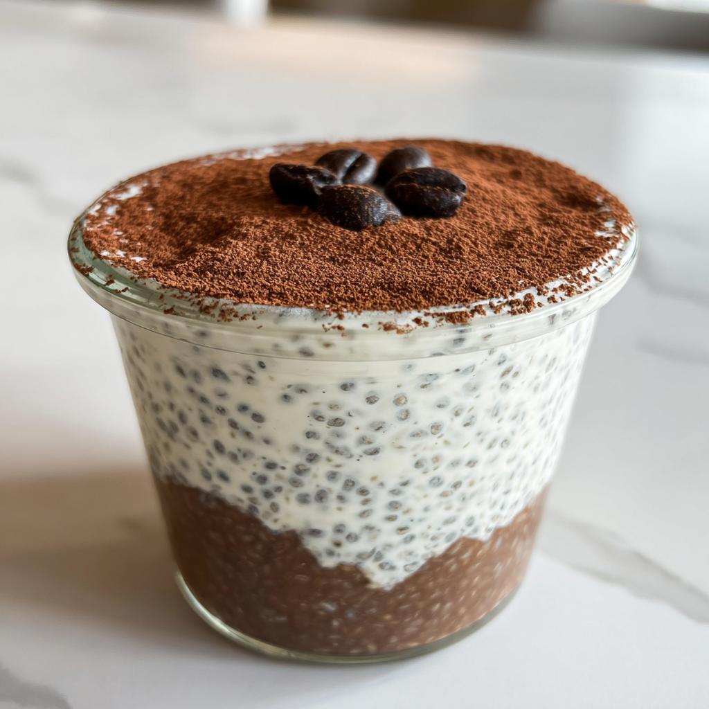 A layered Tiramisu Chia Pudding topped with cocoa powder and coffee beans.
