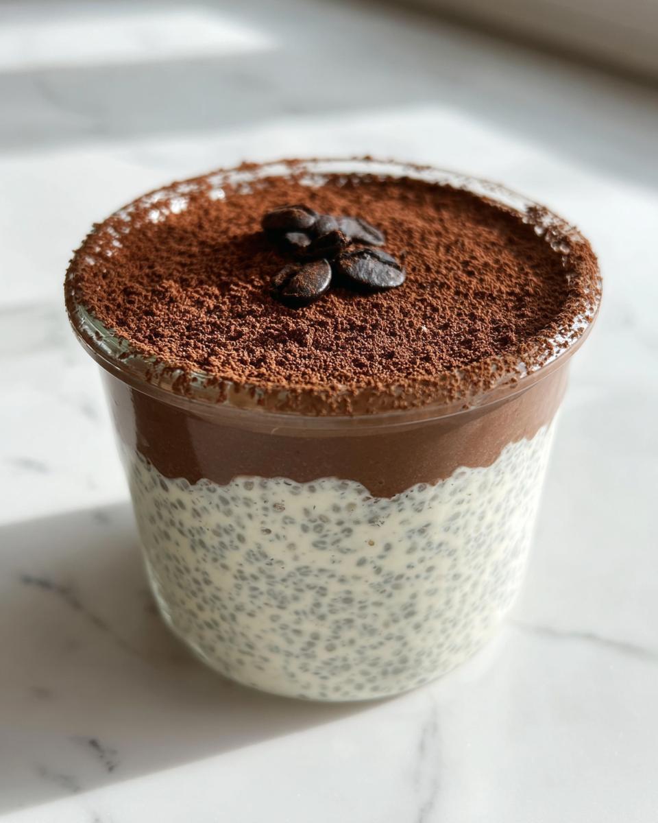 A single serving of Tiramisu Chia Pudding layered in a glass, topped with cocoa powder and coffee beans.