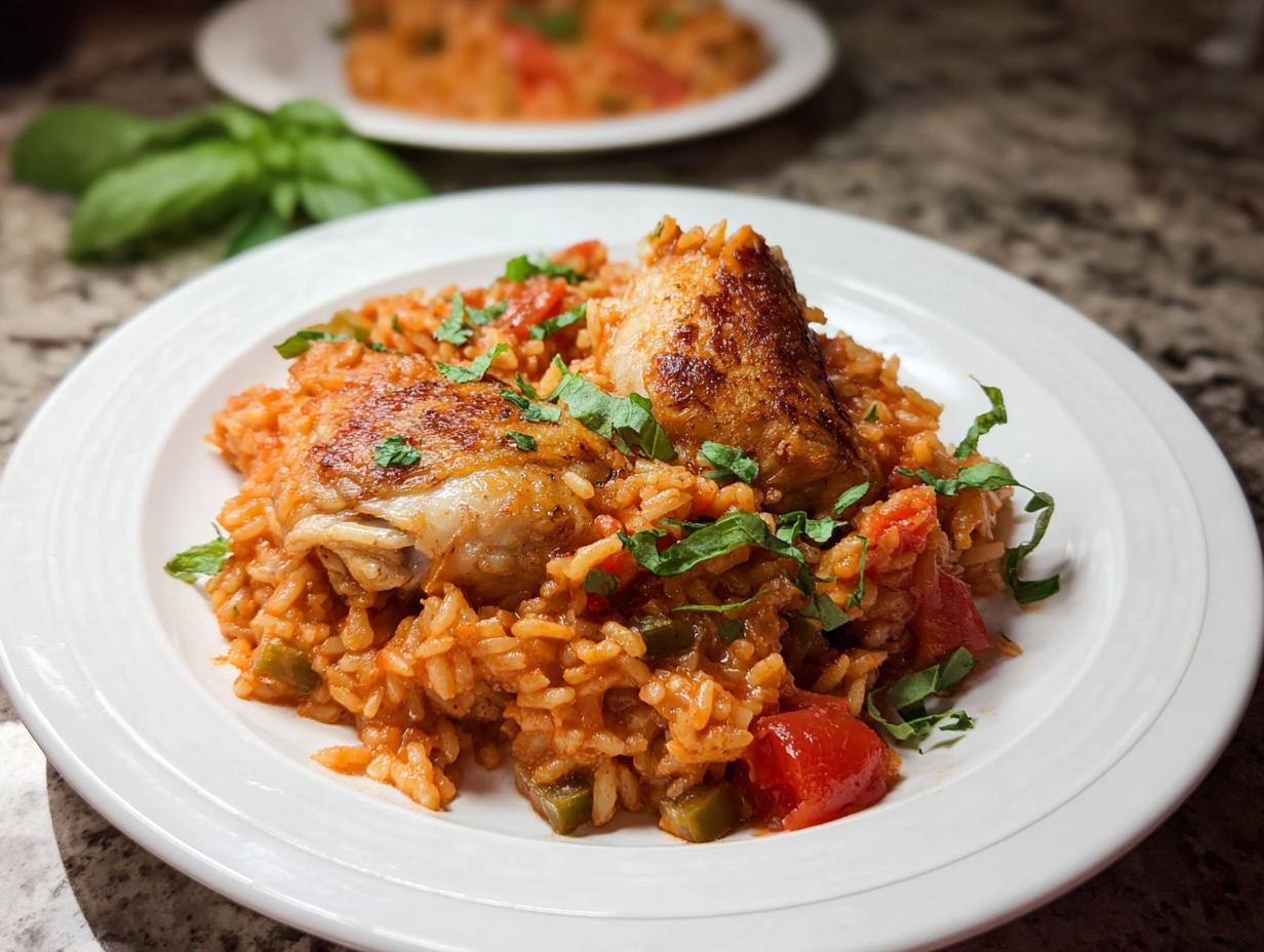 A serving of Tomato Basil Chicken and Rice in a Pot with crispy chicken thigh on a white plate.