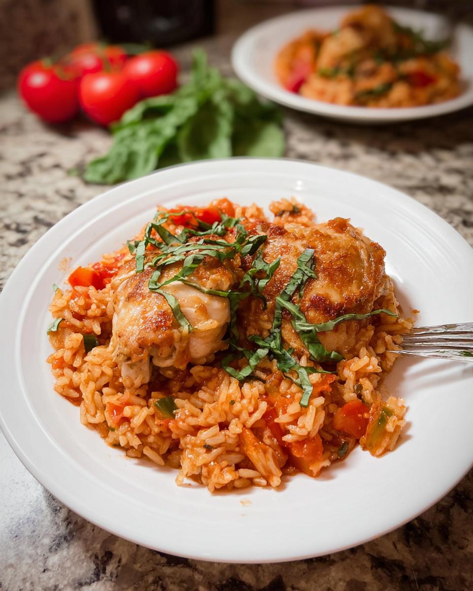 A serving of Tomato Basil Chicken and Rice topped with fresh basil on a white plate.