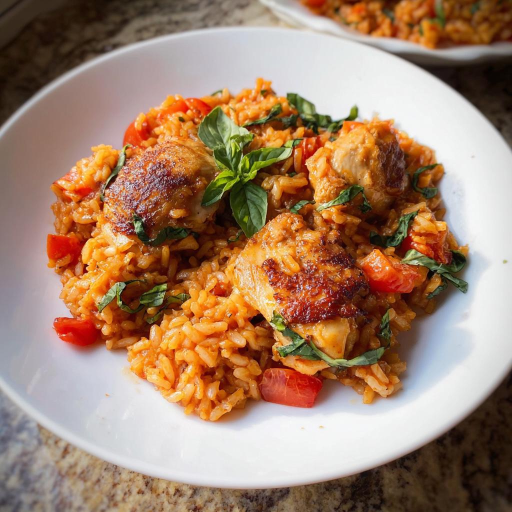 A white bowl filled with Tomato Basil Chicken and Rice in a Pot, topped with fresh basil.