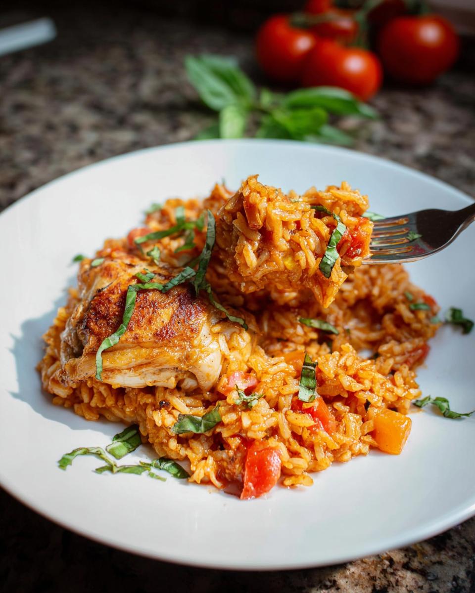 A fork lifting a bite of rich Tomato Basil Chicken and Rice in a Pot, garnished with fresh basil.