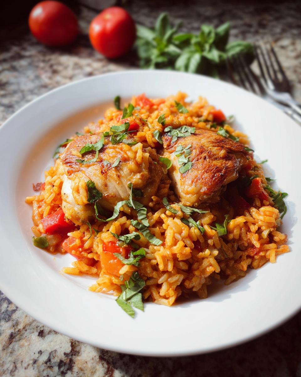 A white plate featuring Tomato Basil Chicken and Rice, topped with fresh basil.