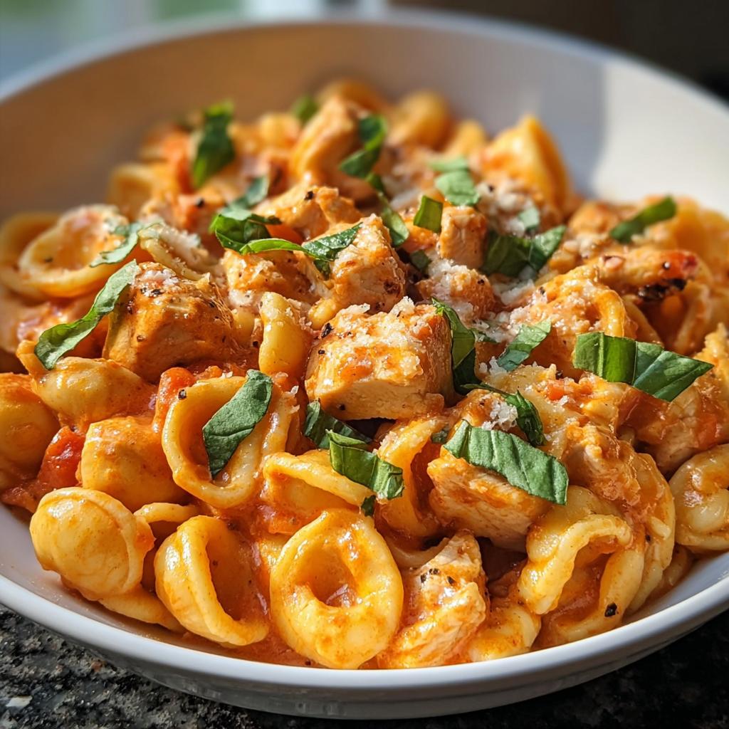 Close-up of Tomato Basil Chicken Pasta with cozy sauce, orecchiette pasta, and fresh basil.