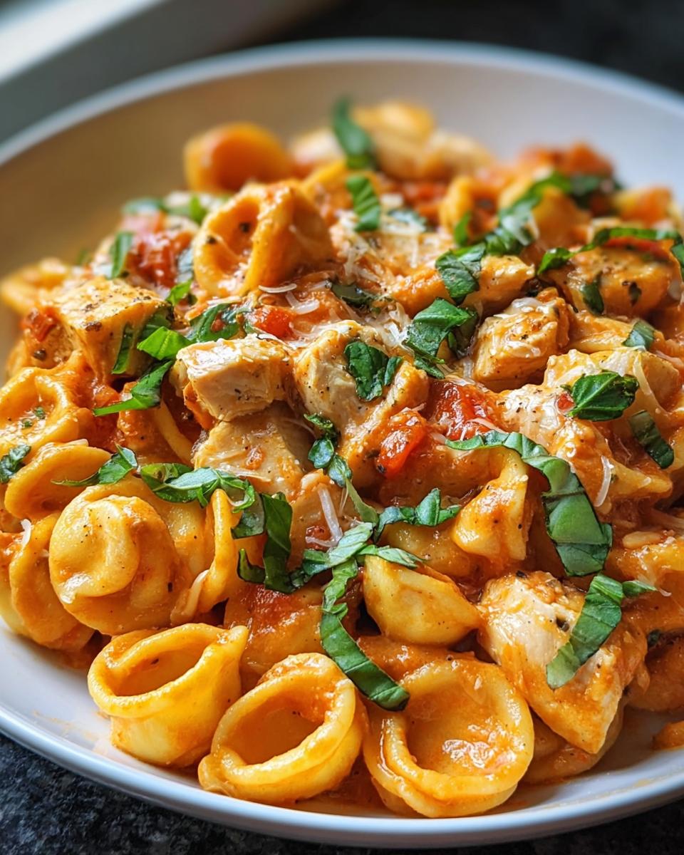 A close-up of creamy Tomato Basil Chicken Pasta featuring orecchiette pasta, diced chicken, and fresh basil.