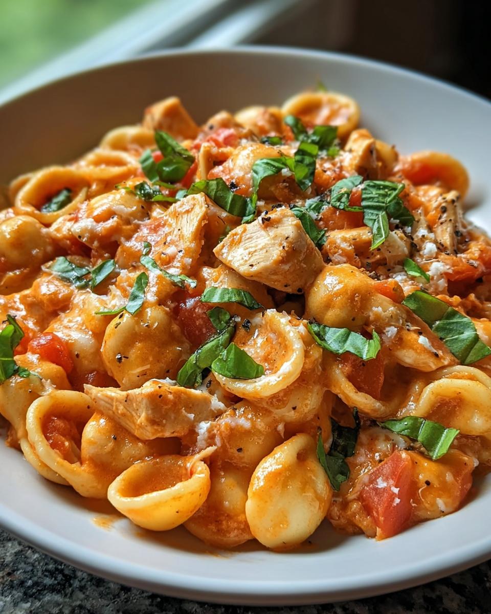 Close-up of orecchiette pasta mixed with chicken chunks, tomatoes, and a creamy sauce, topped with fresh basil.