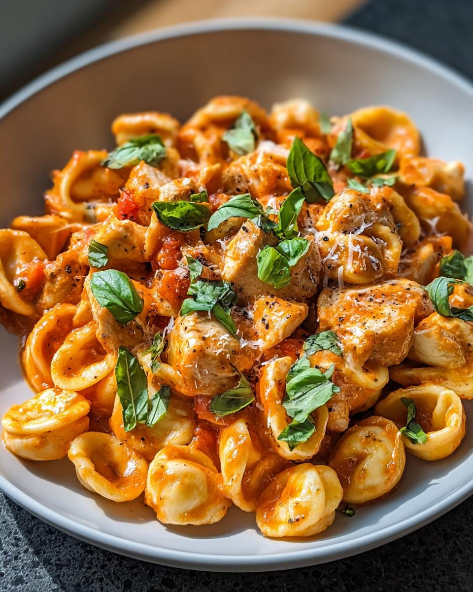 A close-up of Tomato Basil Chicken Pasta with Cozy Sauce featuring orecchiette pasta, chicken chunks, and fresh basil.