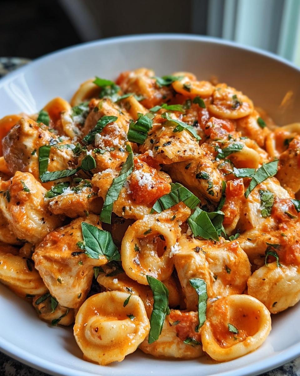 Close-up of Tomato Basil Chicken Pasta with Cozy Sauce, featuring orecchiette pasta, chicken pieces, and fresh basil.