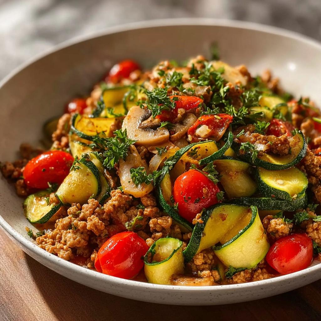 Close-up of a hearty Turkey and Veggie Skillet featuring ground turkey, zucchini ribbons, cherry tomatoes, and mushrooms.