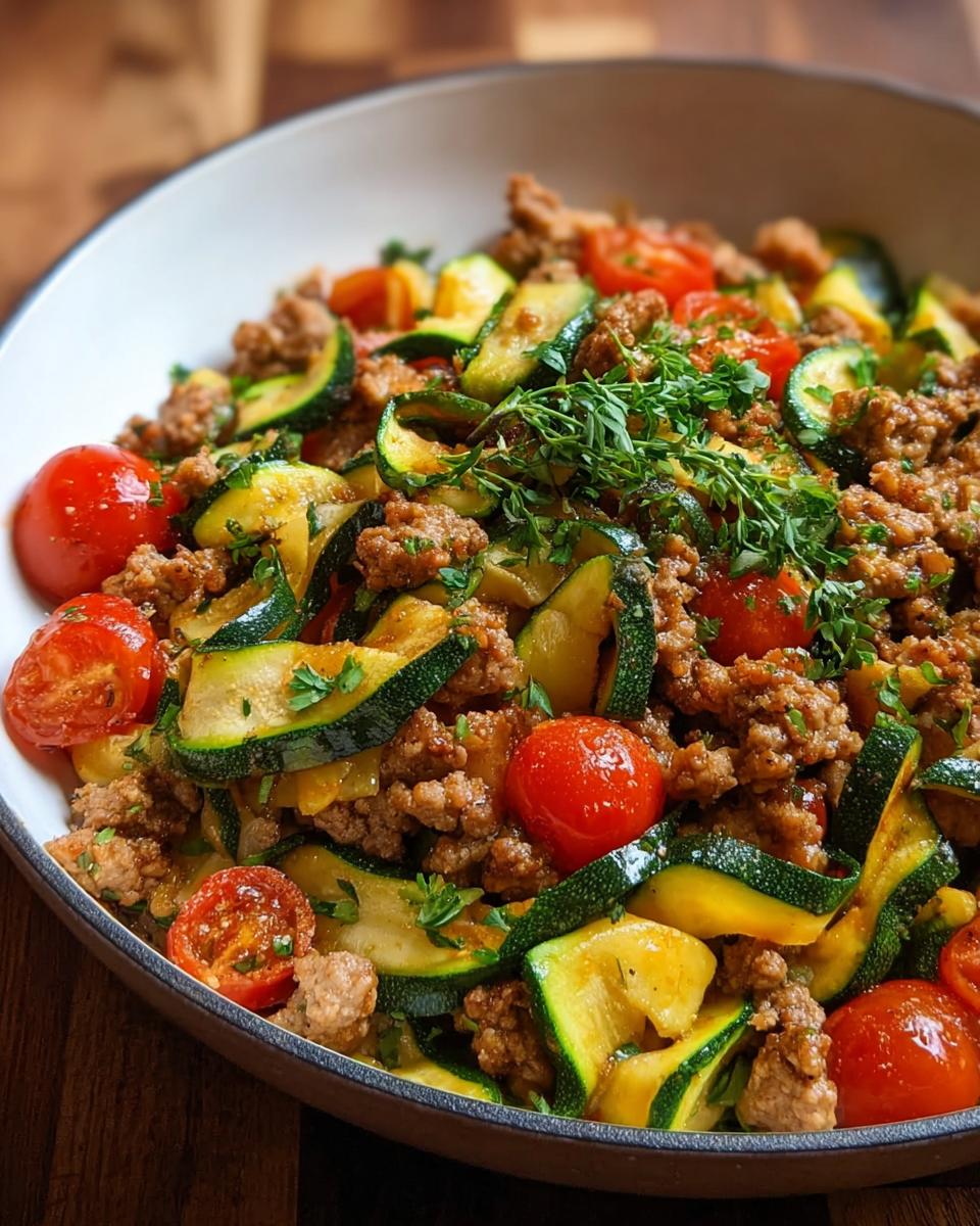 Close-up of a Turkey and Veggie Skillet with ground turkey, sliced zucchini, and cherry tomatoes.