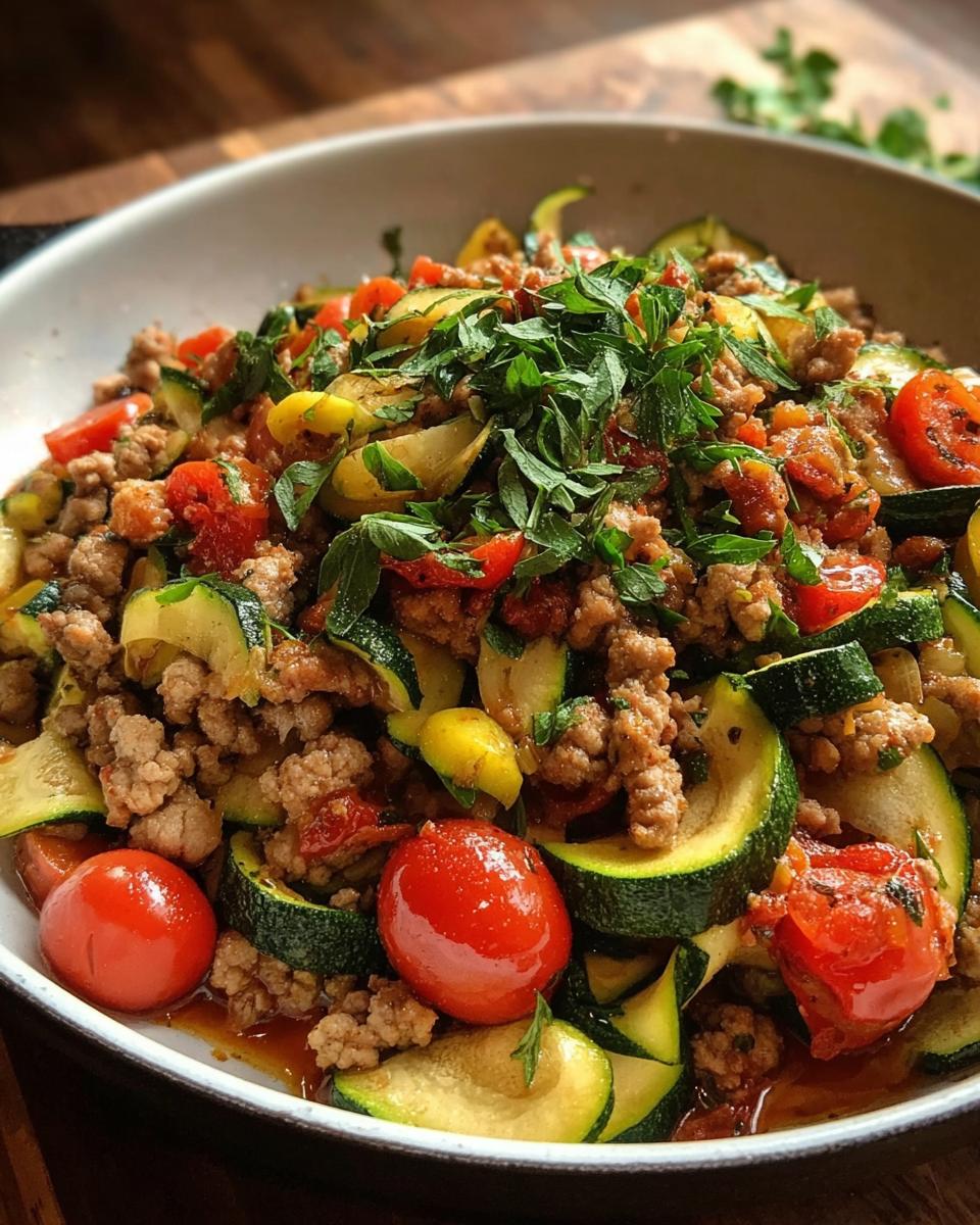 Close-up of a Turkey and Veggie Skillet with ground turkey, zucchini slices, cherry tomatoes, and fresh herbs.