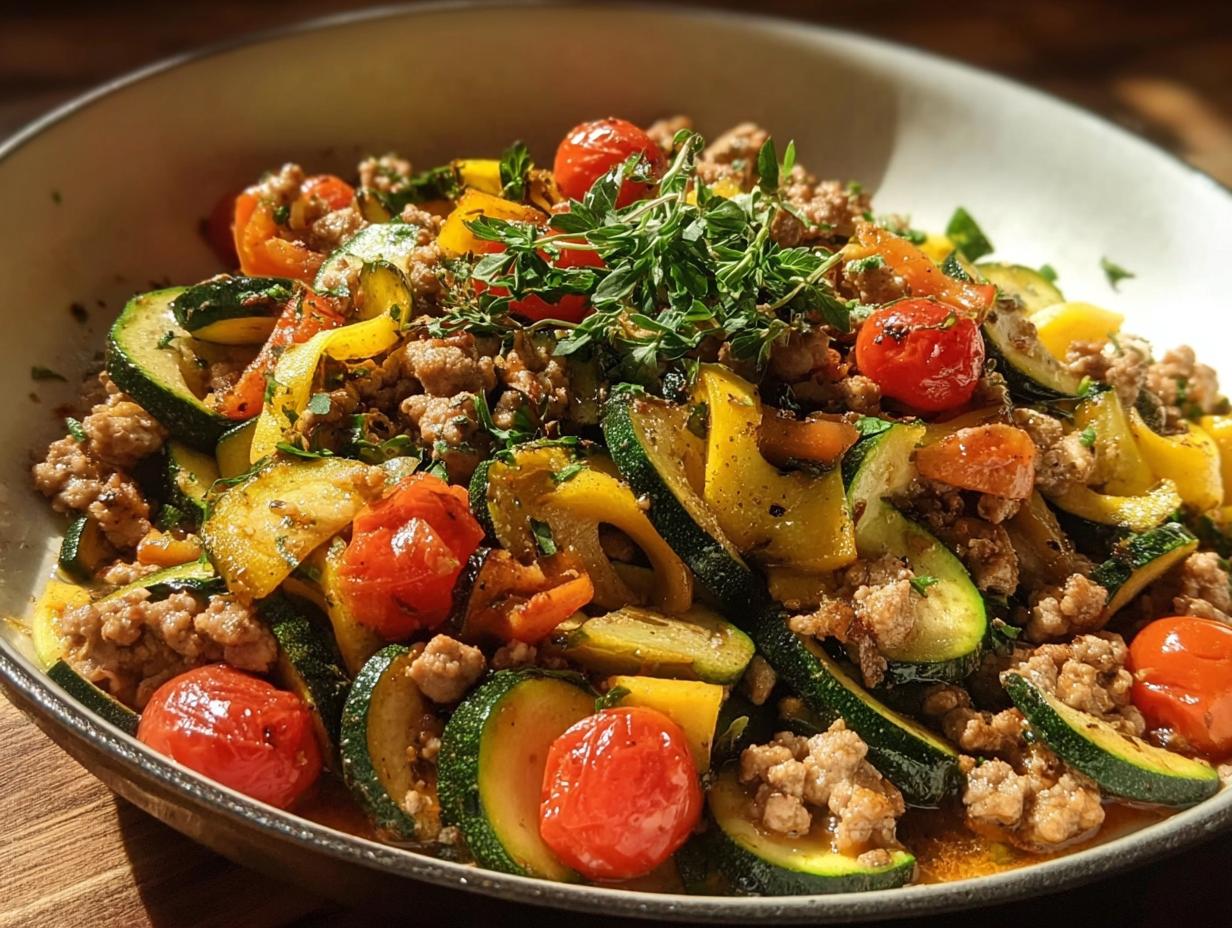Close-up of a hearty Turkey and Veggie Skillet featuring ground turkey, zucchini, yellow squash, and cherry tomatoes.