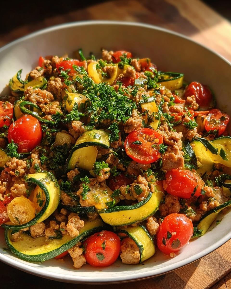 Close-up of Turkey and Veggie Skillet featuring ground turkey, zucchini ribbons, and halved cherry tomatoes.