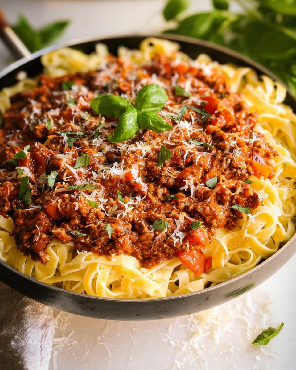 A close-up of rich Turkey Bolognese Sauce generously spooned over a bed of fettuccine pasta, garnished with Parmesan and basil.