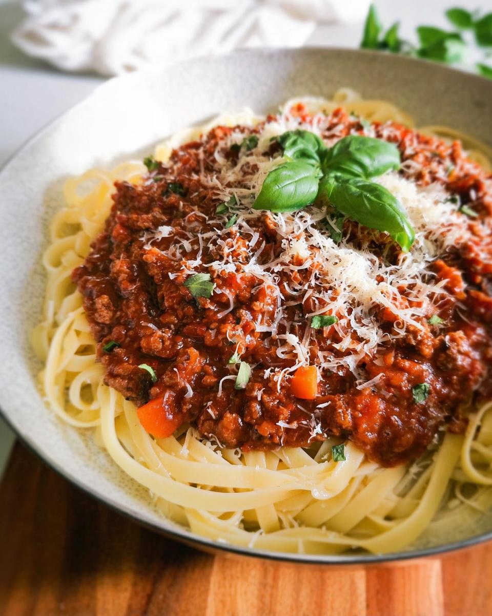 A bowl of fettuccine pasta topped generously with rich Turkey Bolognese Sauce, grated Parmesan, and fresh basil.