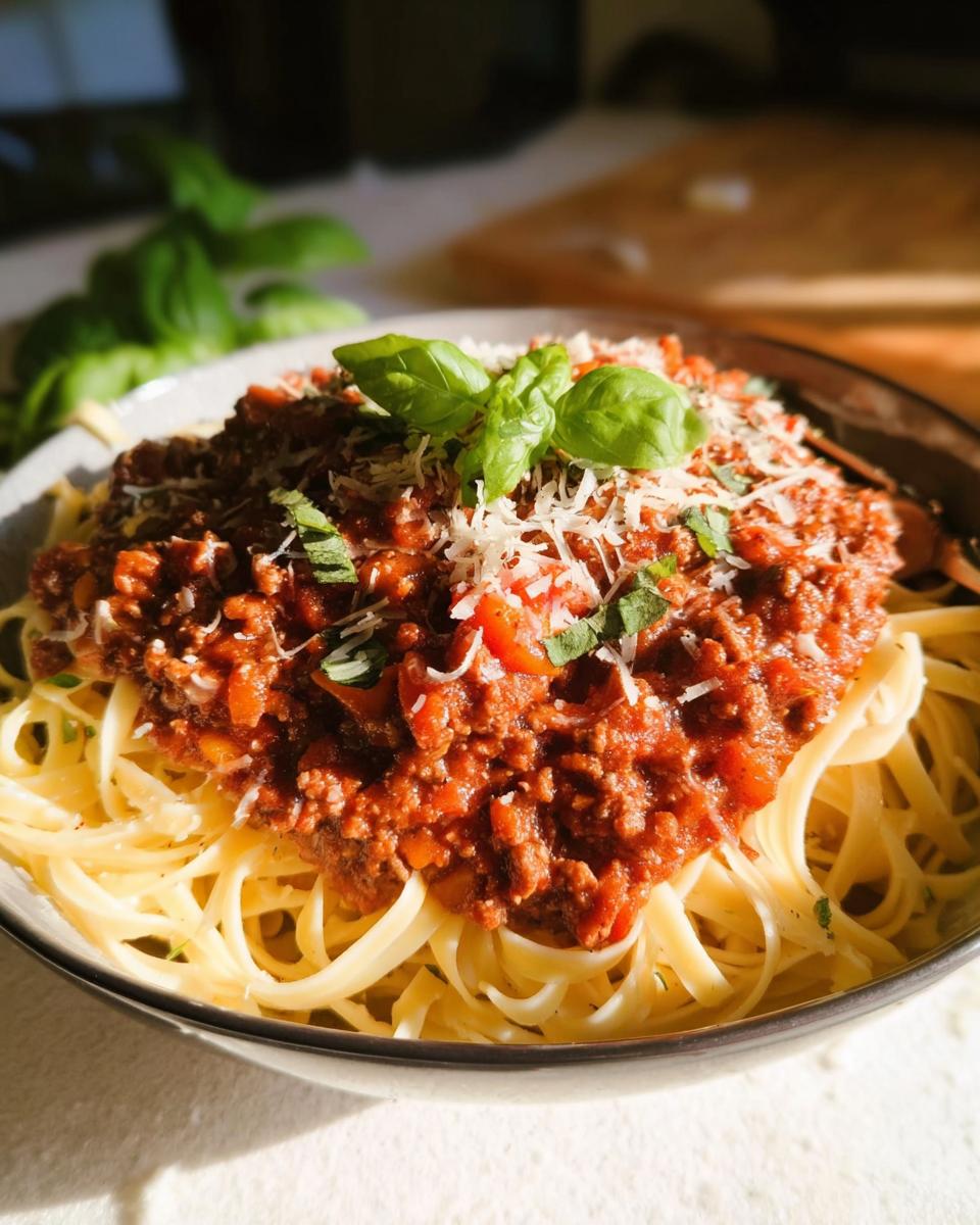 A close-up of pasta topped generously with rich Turkey Bolognese Sauce, grated cheese, and fresh basil leaves.