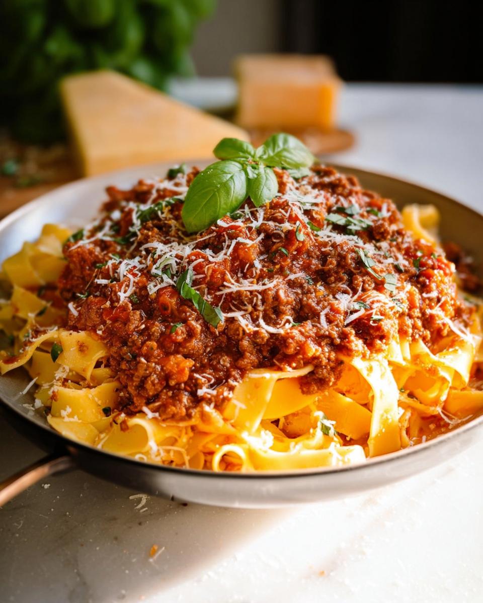 A bowl of pappardelle pasta topped generously with rich Turkey Bolognese Sauce, grated cheese, and fresh basil.