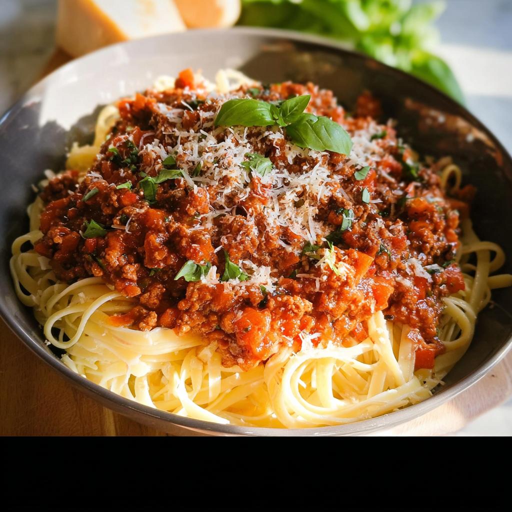 A bowl of pasta topped generously with rich Turkey Bolognese Sauce, grated Parmesan, and fresh basil.