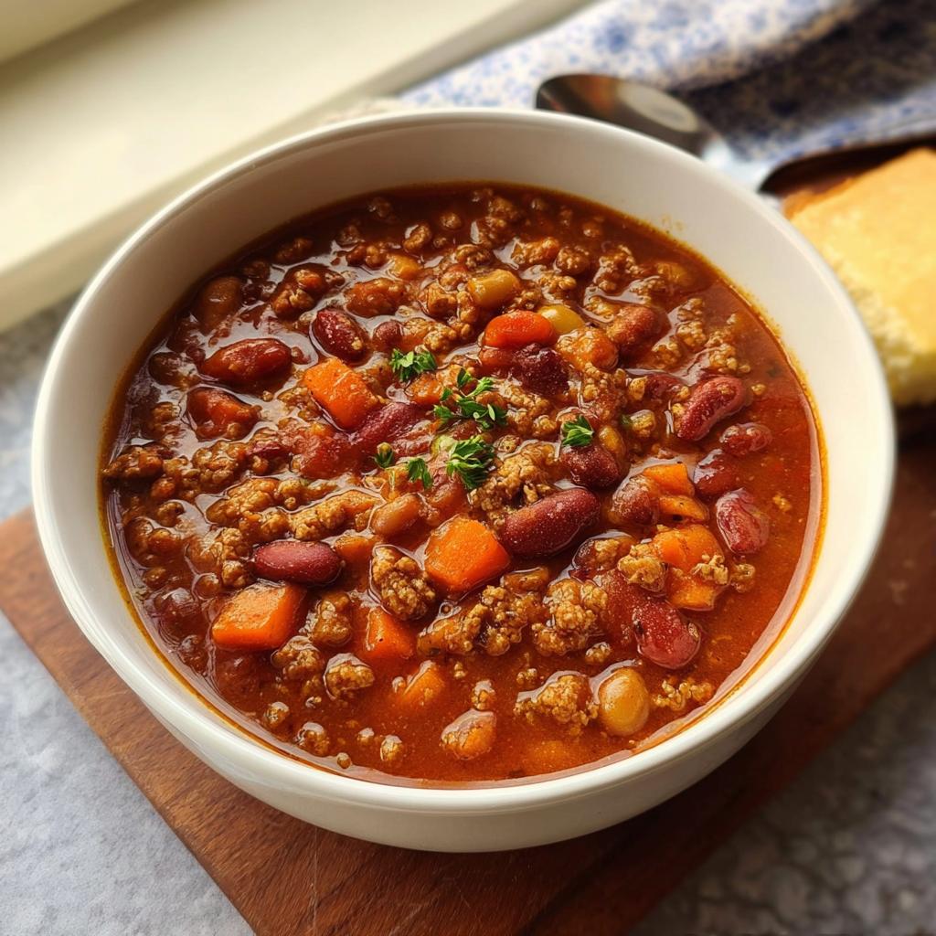 A close-up of a white bowl filled with rich Turkey Chili with Beans and Smoky Spices, garnished with herbs.