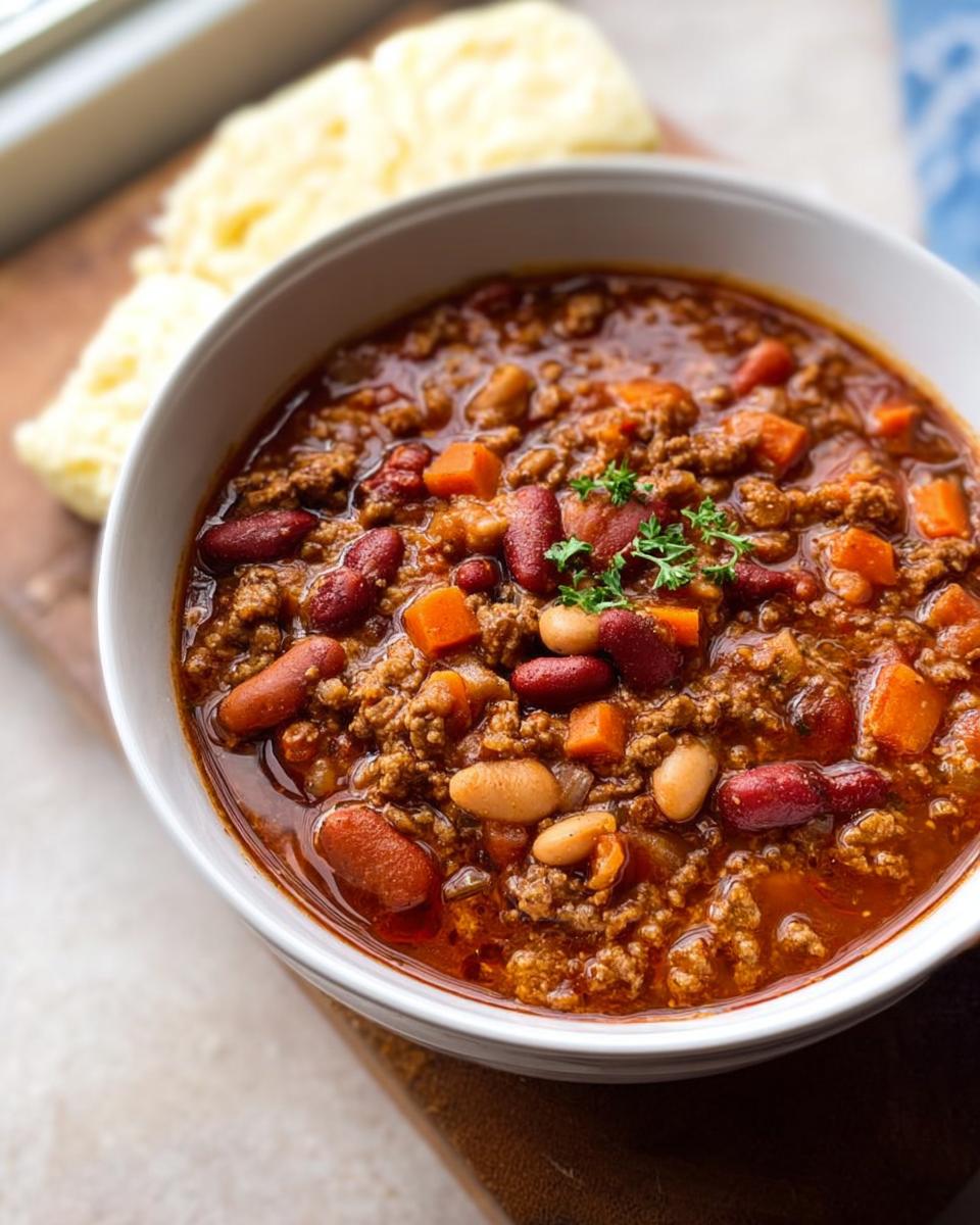 Close-up of a white bowl filled with Turkey Chili with Beans and Smoky Spices, garnished with parsley.