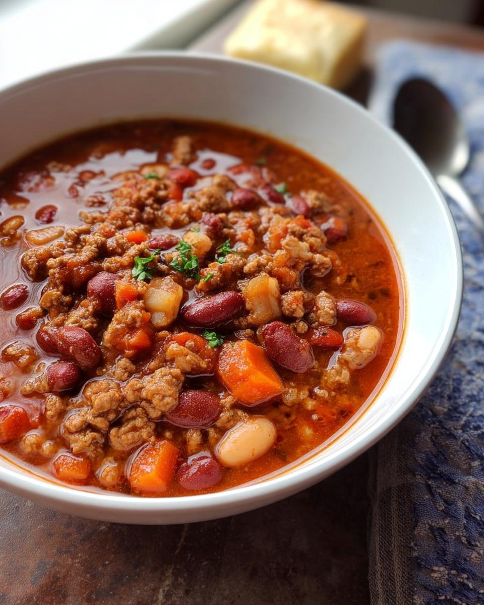 Close-up of a white bowl filled with rich Turkey Chili with Beans and Smoky Spices, garnished with parsley.