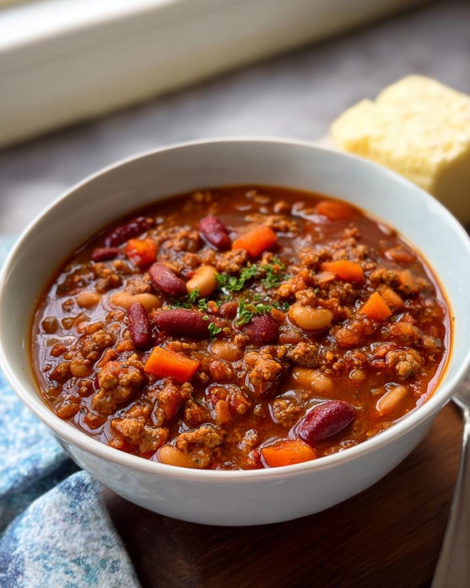 A close-up of a bowl of rich Turkey Chili with Beans and Smoky Spices, garnished with parsley.