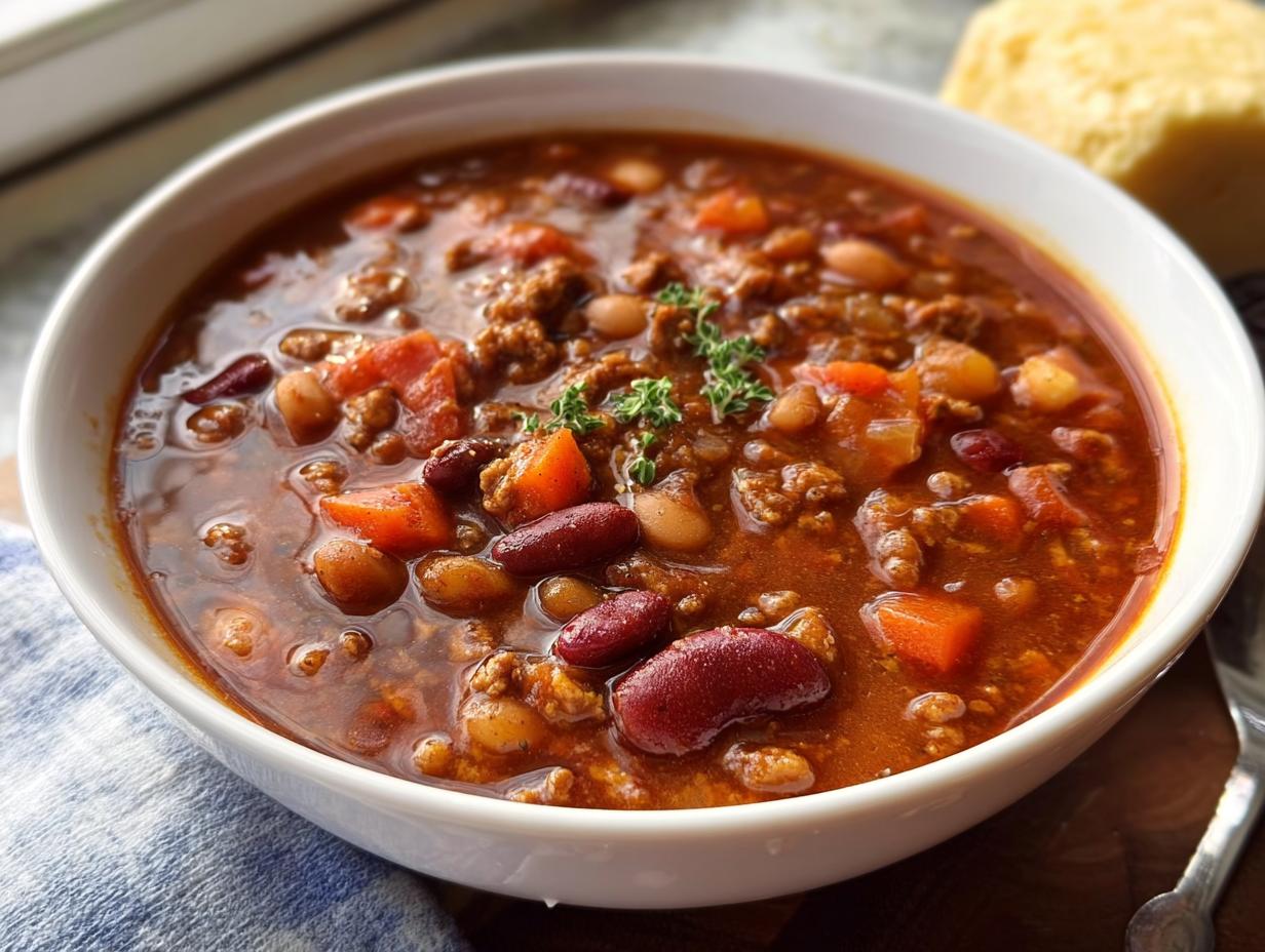 Close-up of a white bowl filled with rich Turkey Chili with Beans and Smoky Spices, garnished with thyme.